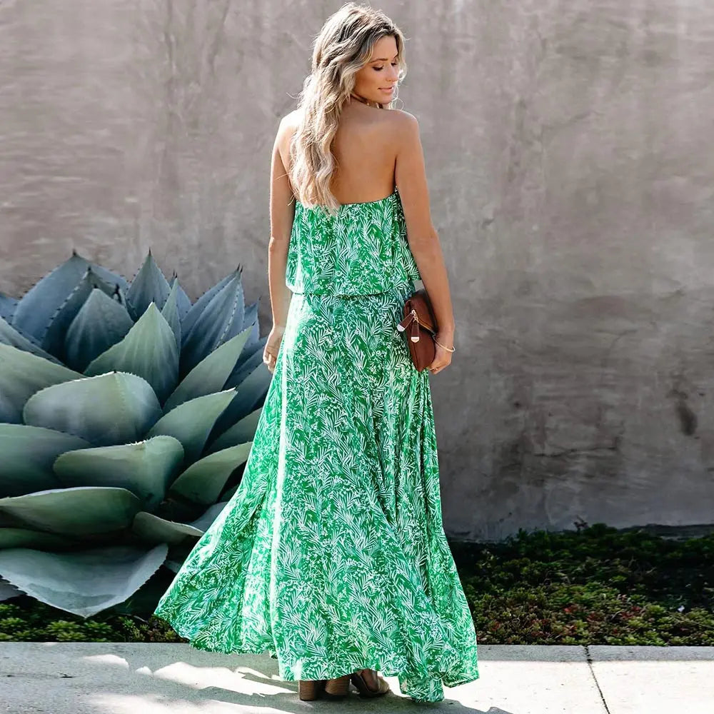 Aleya - Maxi dress with leaf pattern and ruffle detail