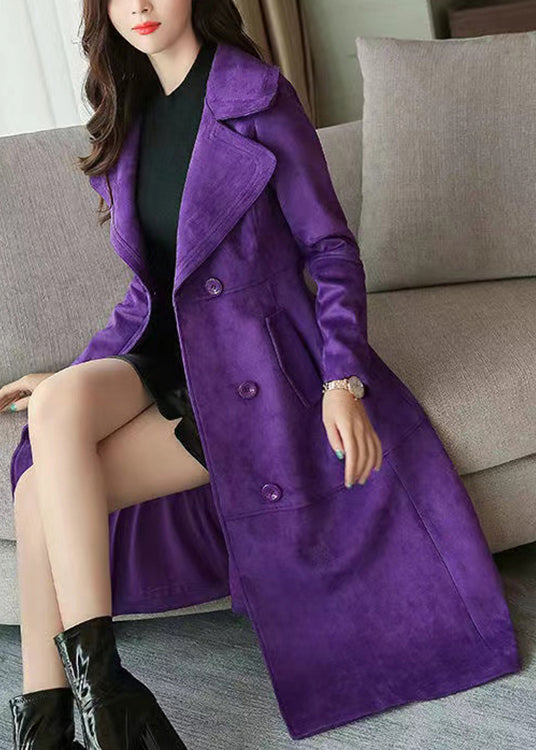 Ladies Double Breasted Pockets Patchwork Long Coat