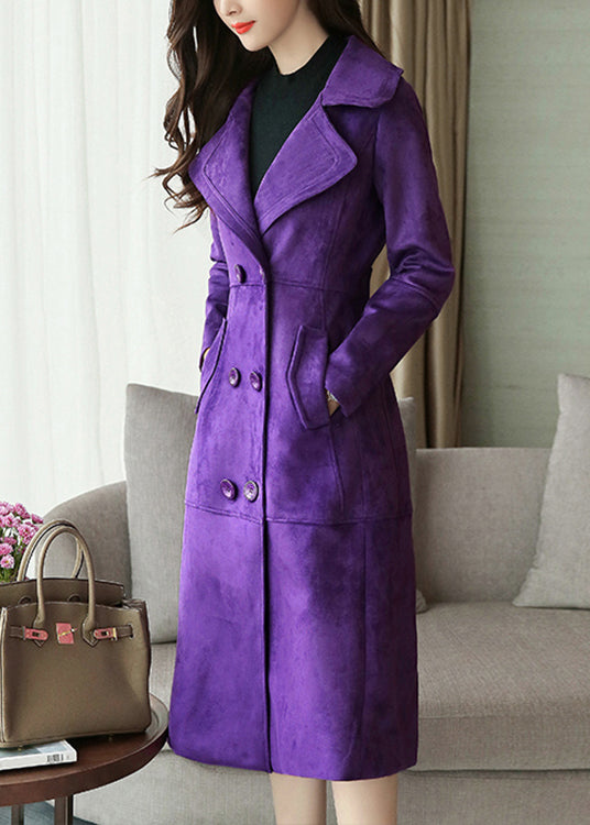 Ladies Double Breasted Pockets Patchwork Long Coat