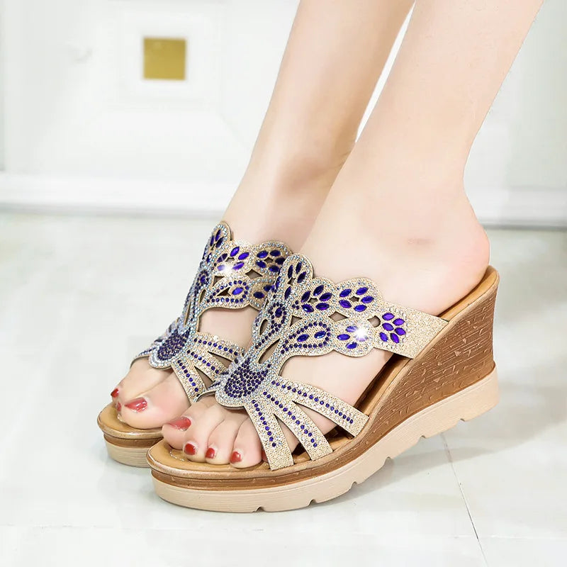 Wedge heel sandals with rhinestones