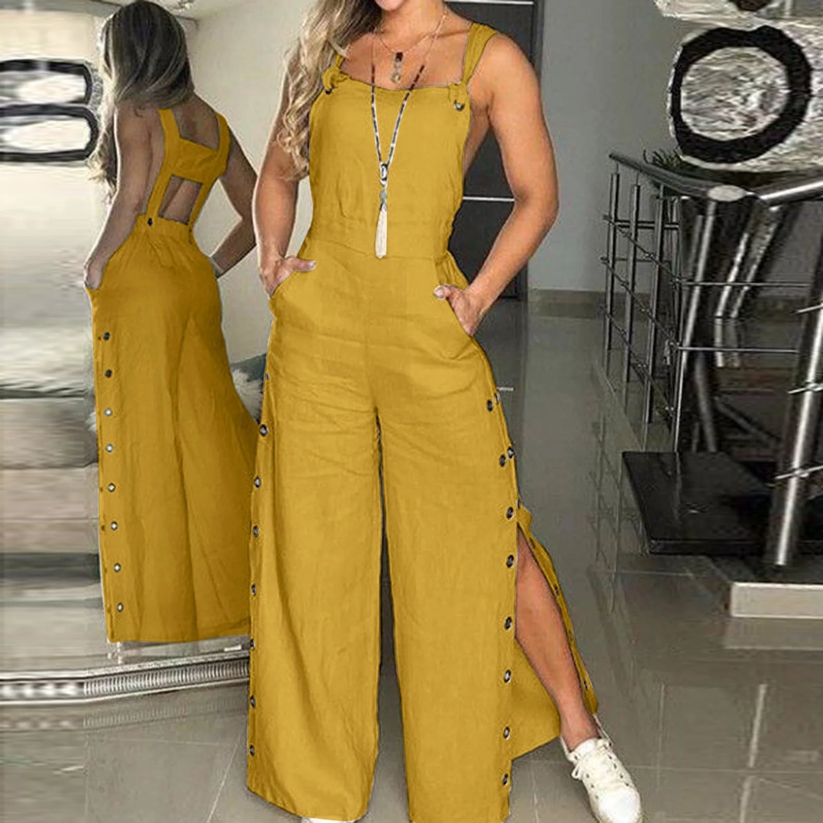 Summer jumpsuit with sleeveless twisted knots and pockets