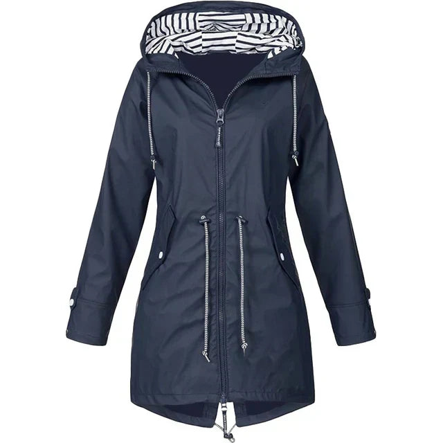 Women's waterproof hoodie trench coat with drawstring waist, zip and outer pockets