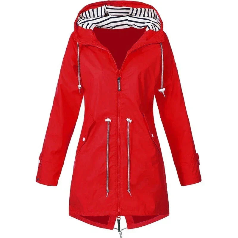 Women's waterproof hoodie trench coat with drawstring waist, zip and outer pockets