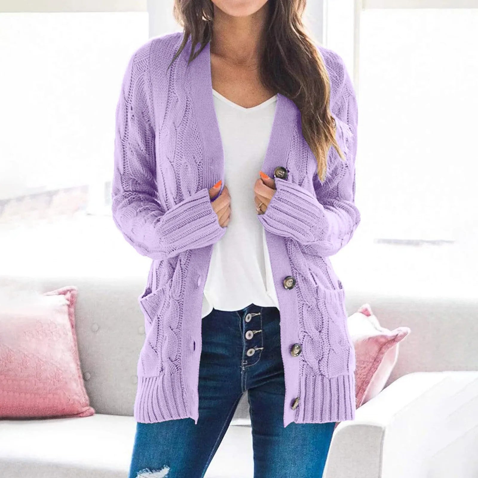 Women's Knitted Cardigan - Cable Knit - Relaxed Fit - Long Sleeve - Button Front