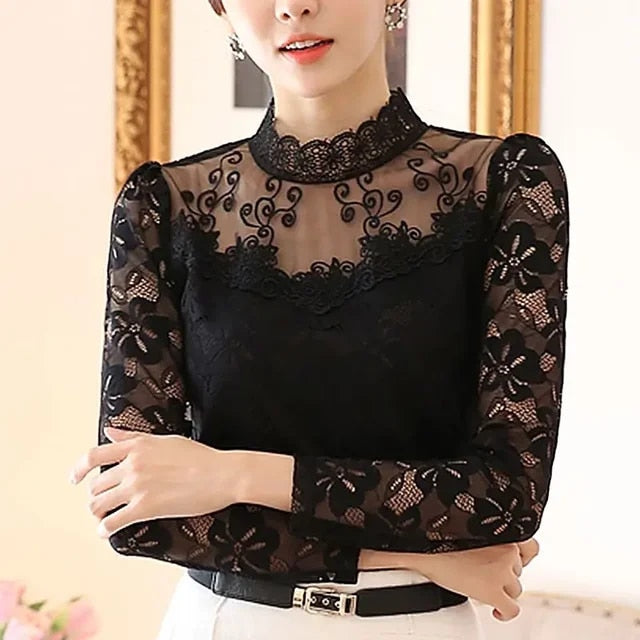 Seductive lace blouse with pearl collar