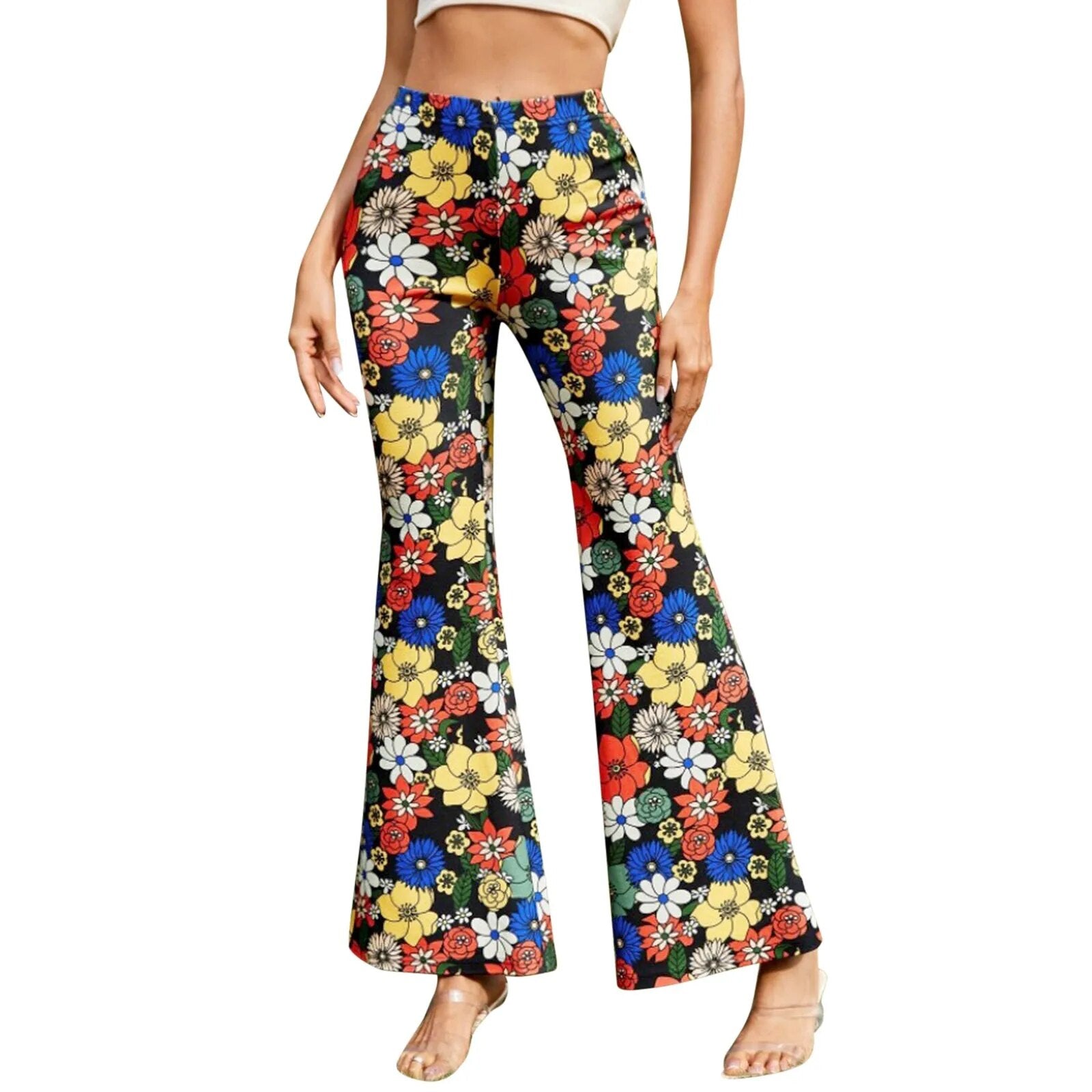 Xenia - Flared Elastic Women's Trousers With Floral Pattern And Waist