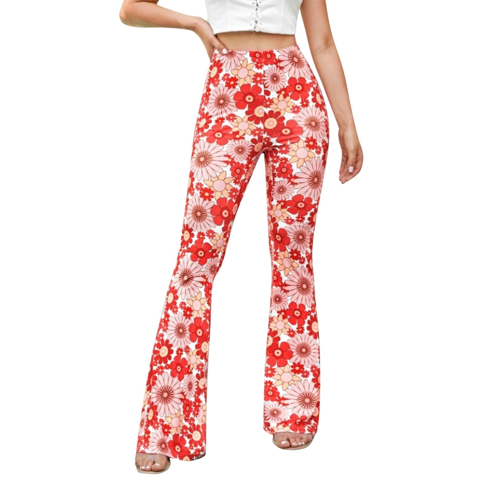 Xenia - Flared Elastic Women's Trousers With Floral Pattern And Waist