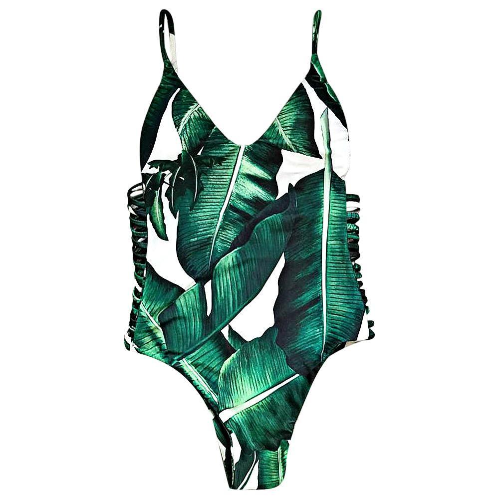 Sexy Leaf Print Hollow Out Bandage Bathing Suit