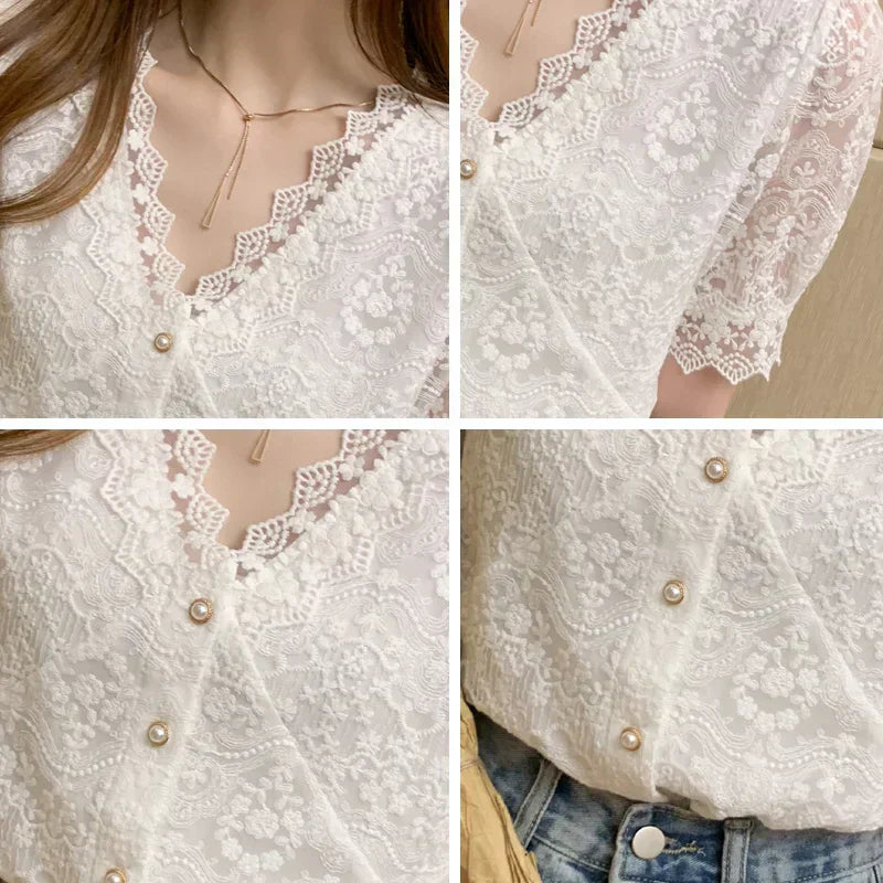 Sheila - hollowed-out lace blouses with buttons