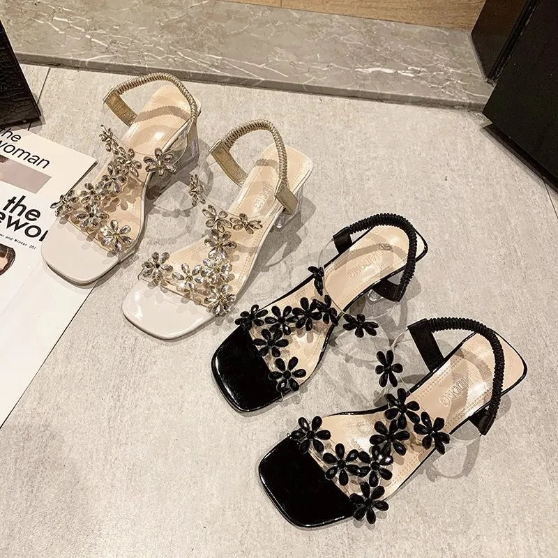 Sandals with crystal flowers and chunky heel