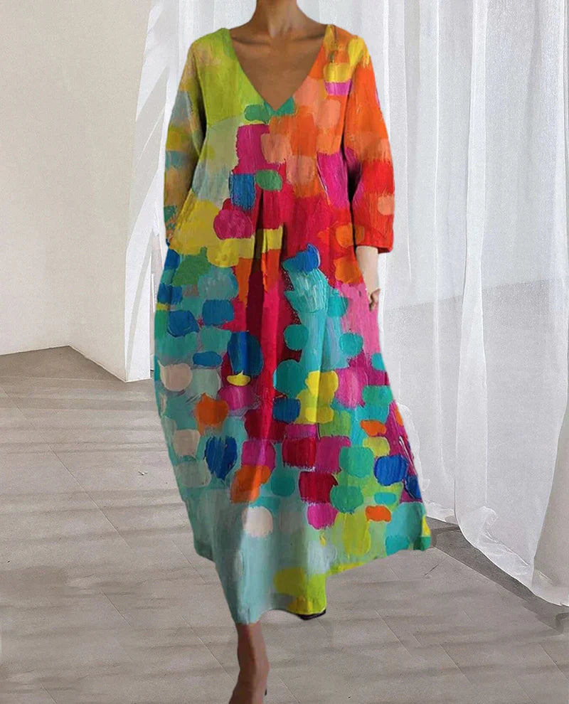 Thea - Colourful Printed Dress With V-Neckline