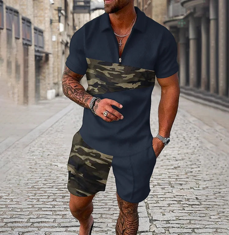 Men's Camouflage Stitching Navy Blue Short Sleeve Polo Shirt And Shorts Co-Ord