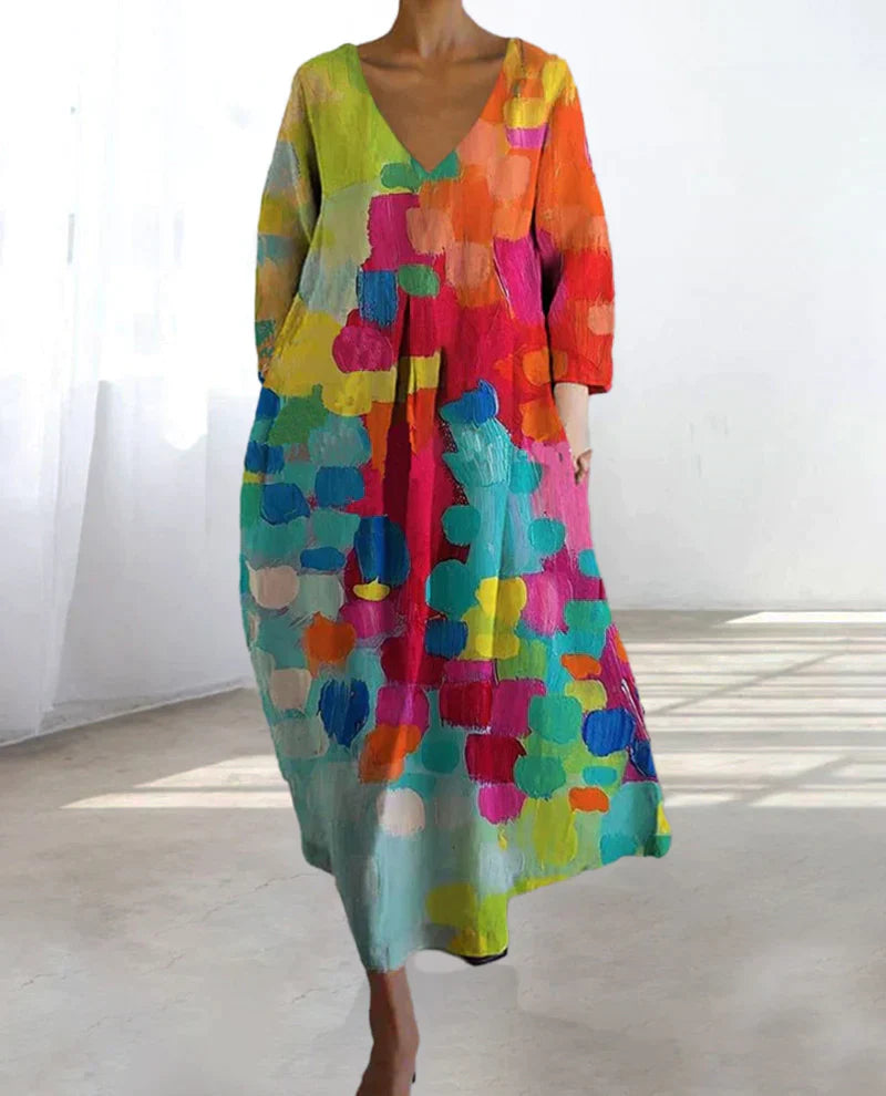 Thea - Colourful Printed Dress With V-Neckline