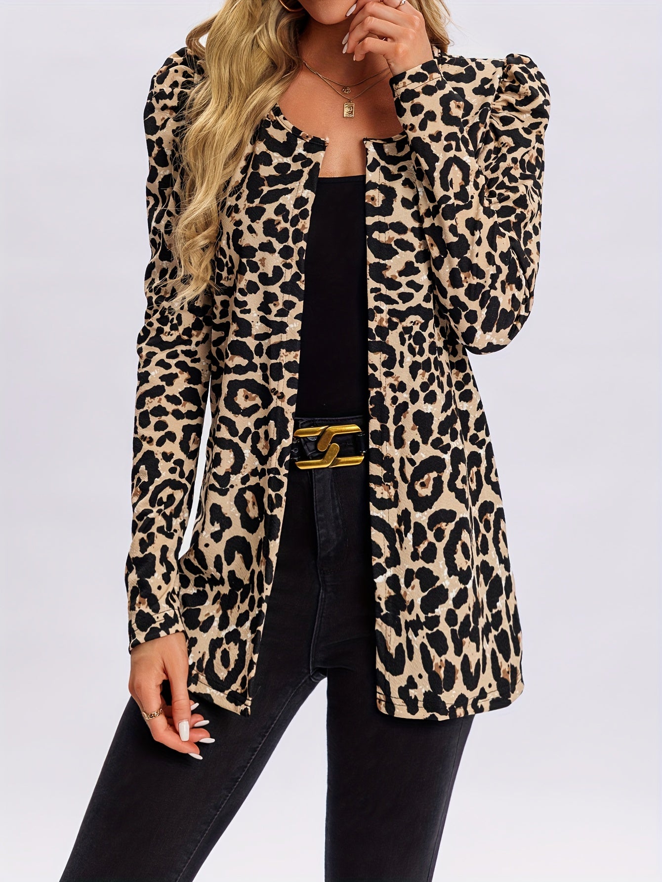 Women's Leopard Print Blazer - Long Sleeve - Open Front - Tailored Fit - Structured Shoulders