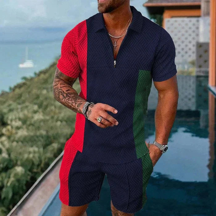 Tri-Color Contrast Print Polo Shirt And Shorts Co-Ord