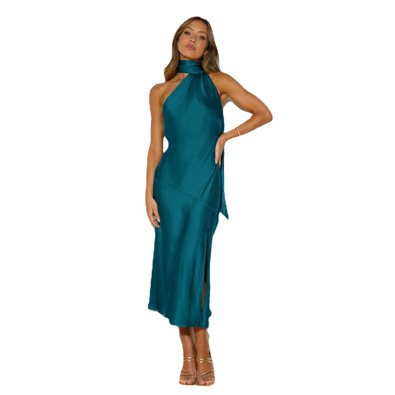 Women's Satin Drape Split Hollow Thin Elegant Dress