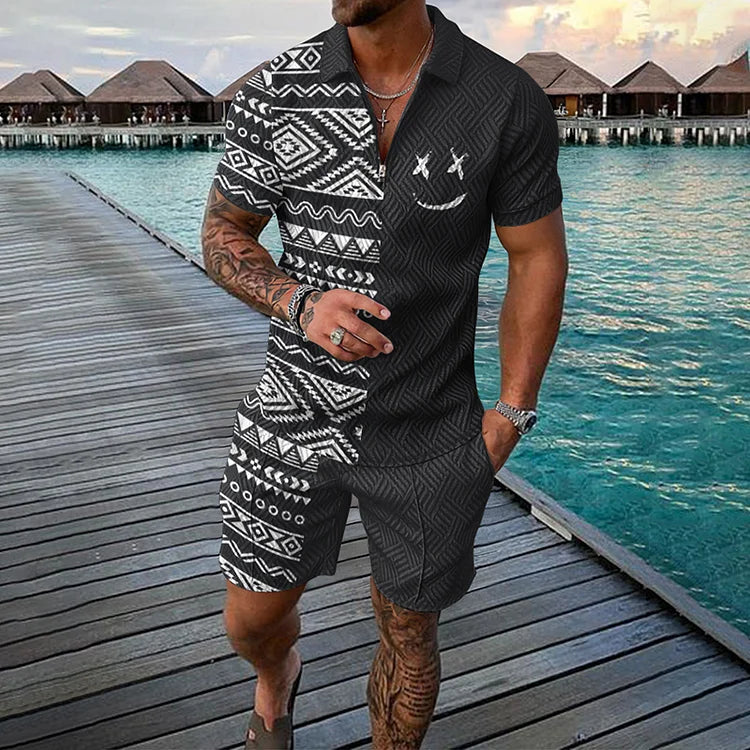 Monochrome Geometric Smile Face Print Short Sleeve Polo Shirt And Shorts Co-Ord