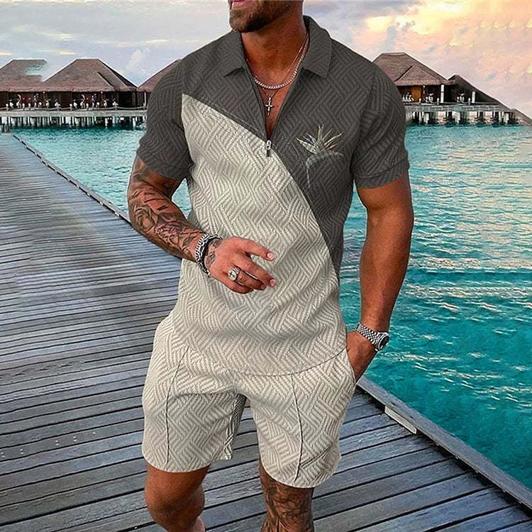 Grey Contrast Color Short Sleeve Polo Shirt And Shorts Co-Ord