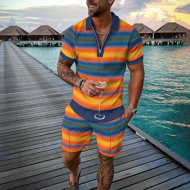 Multicolor Striped Print Polo Shirt And Shorts Co-Ord