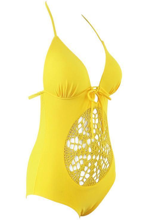 Yellow Halter Deep V Neck Crochet Center Piece Strappy Sexy One Piece Swimsuit