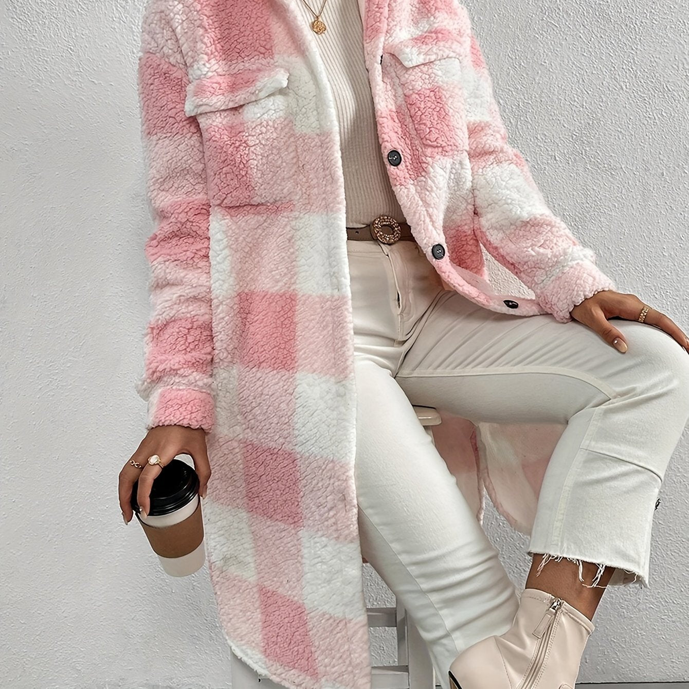 Elegant checked teddy coat