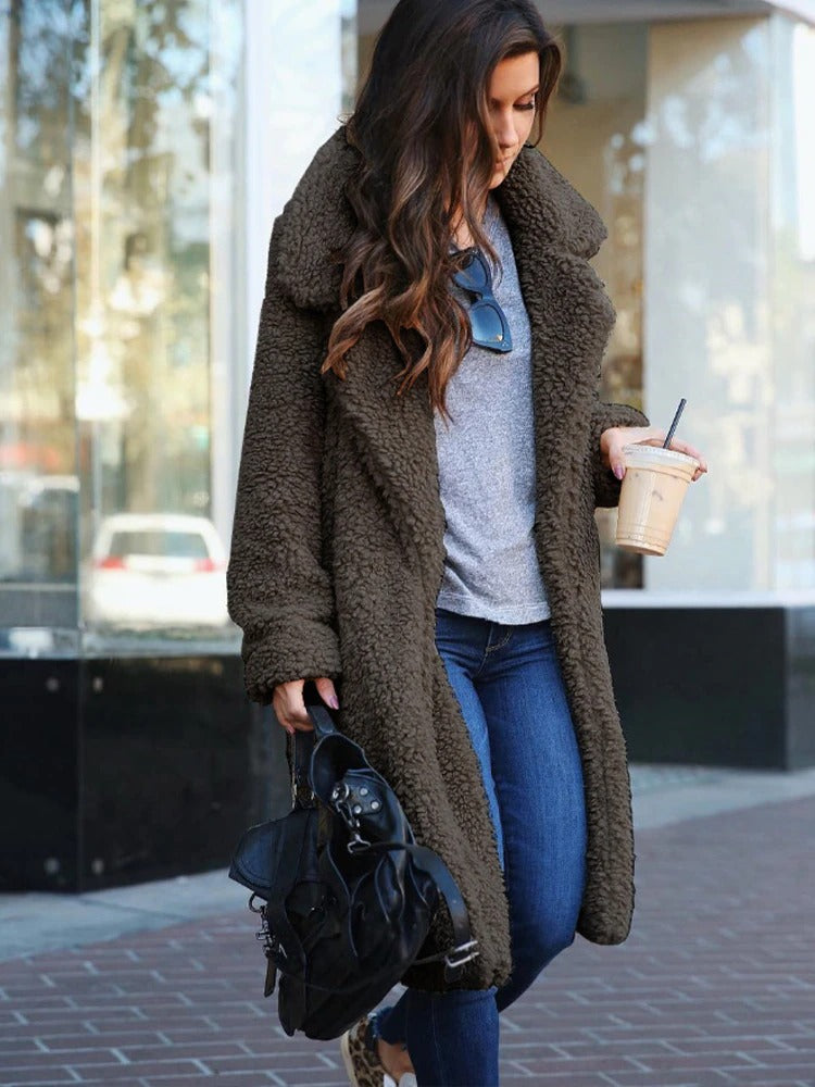 Women's Shearling Coat - Wide Lapel - Open Front - Soft Textured Warm Outerwear