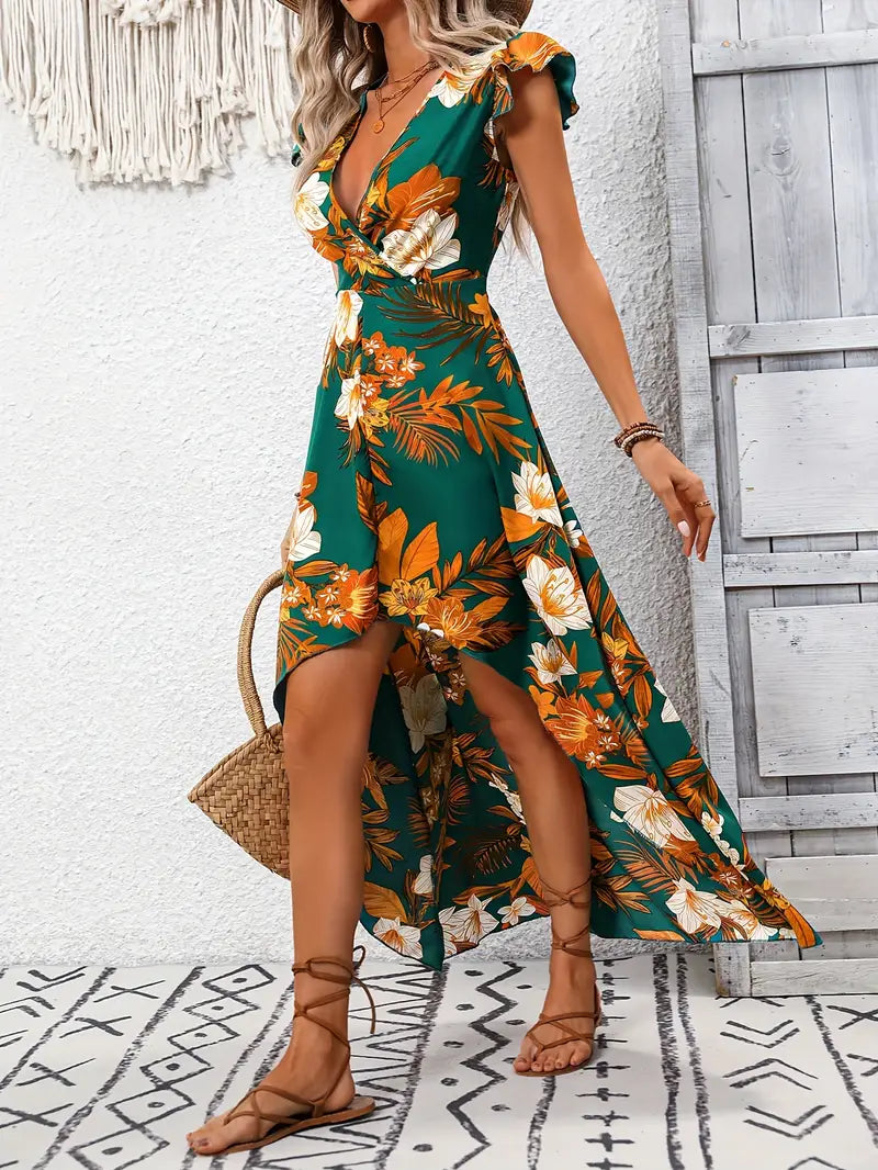 Dress With Floral Print and Neckline With Ruffles Elegant Dress With Sleeves With Ruffles