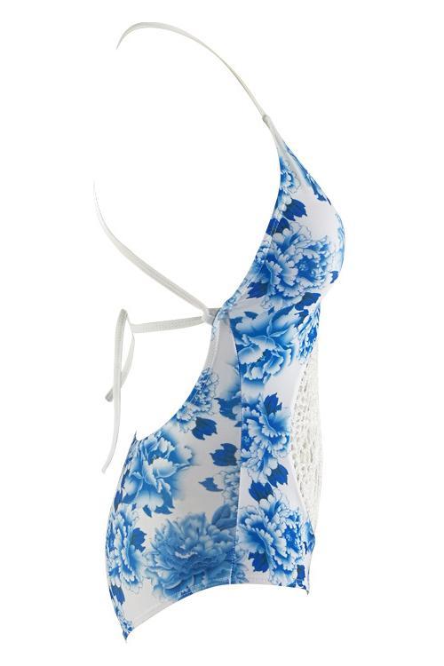 White Blue Floral Print Crochet Backless Sexy One Piece Swimsuit