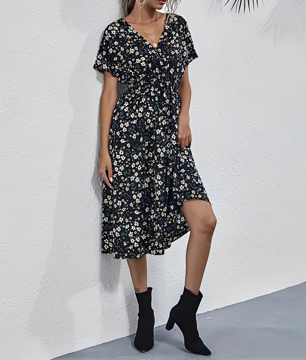 Stylish knee-length dress with floral pattern