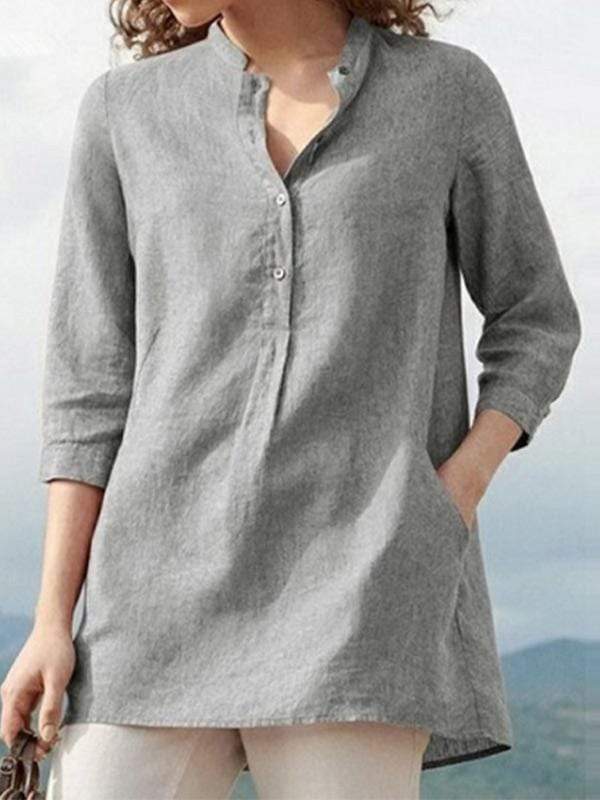 Women's solid color casual stand collar 3/4 sleeves shirt