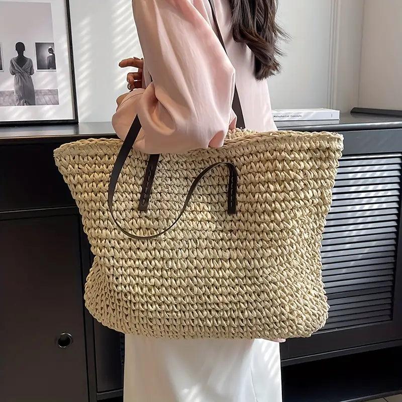 Tara - Woven carrier bag with leather straps