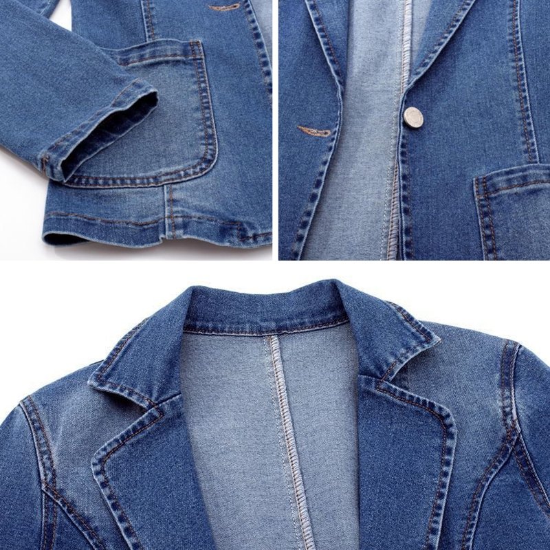 Women's Denim Blazer - Tailored Fit - Notched Lapel - Single-Breasted One-Button Closure