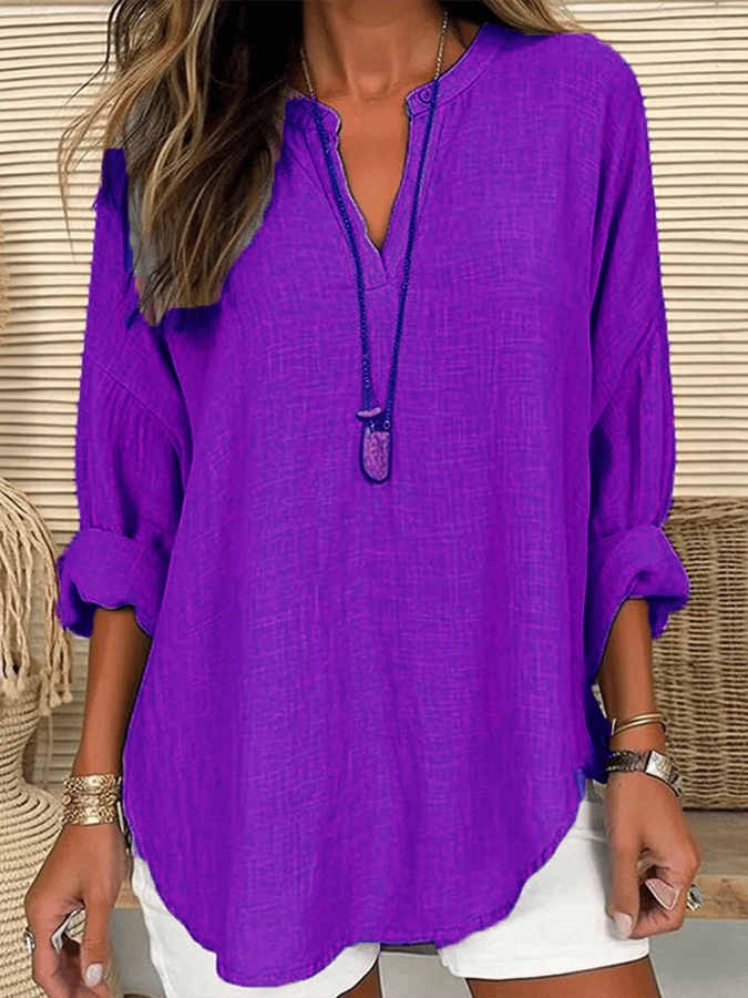 Women's Cotton Long Sleeve Round Neck Solid Color Loose Beach Shirt