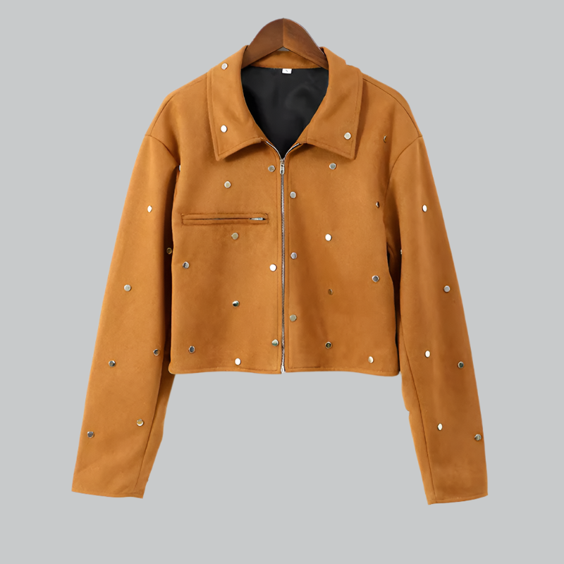 Women's Cropped Suede Jacket - Studded Design - Zip Closure - Point Collar