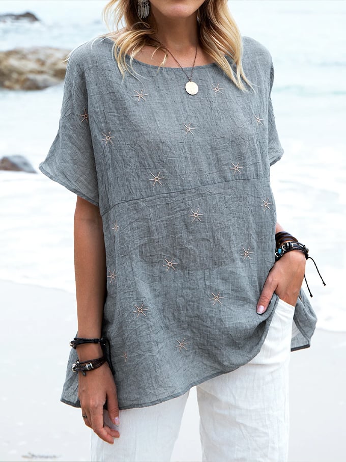 Women's Round Neck Cotton And Linen Casual Loose Tops