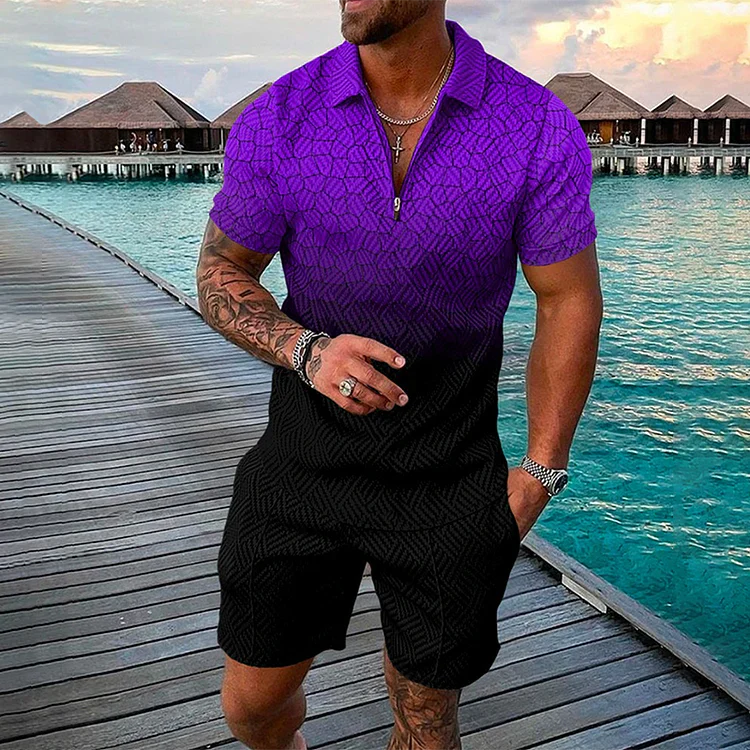 Men's Gradient Print Short Sleeve Polo Set