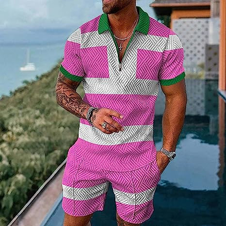 Men's Geometric Print Sleeve Polo Shirt And Shorts Co-Ord