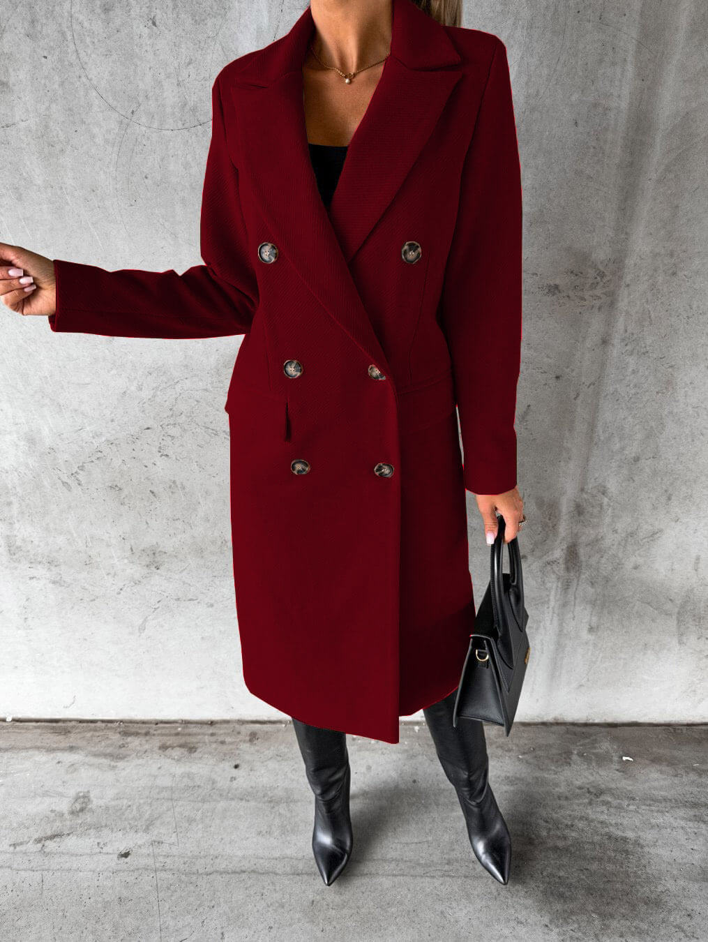 Women's Long Coat - Double Breasted - Tailored Fit - Notched Lapels - Formal Elegant Wear