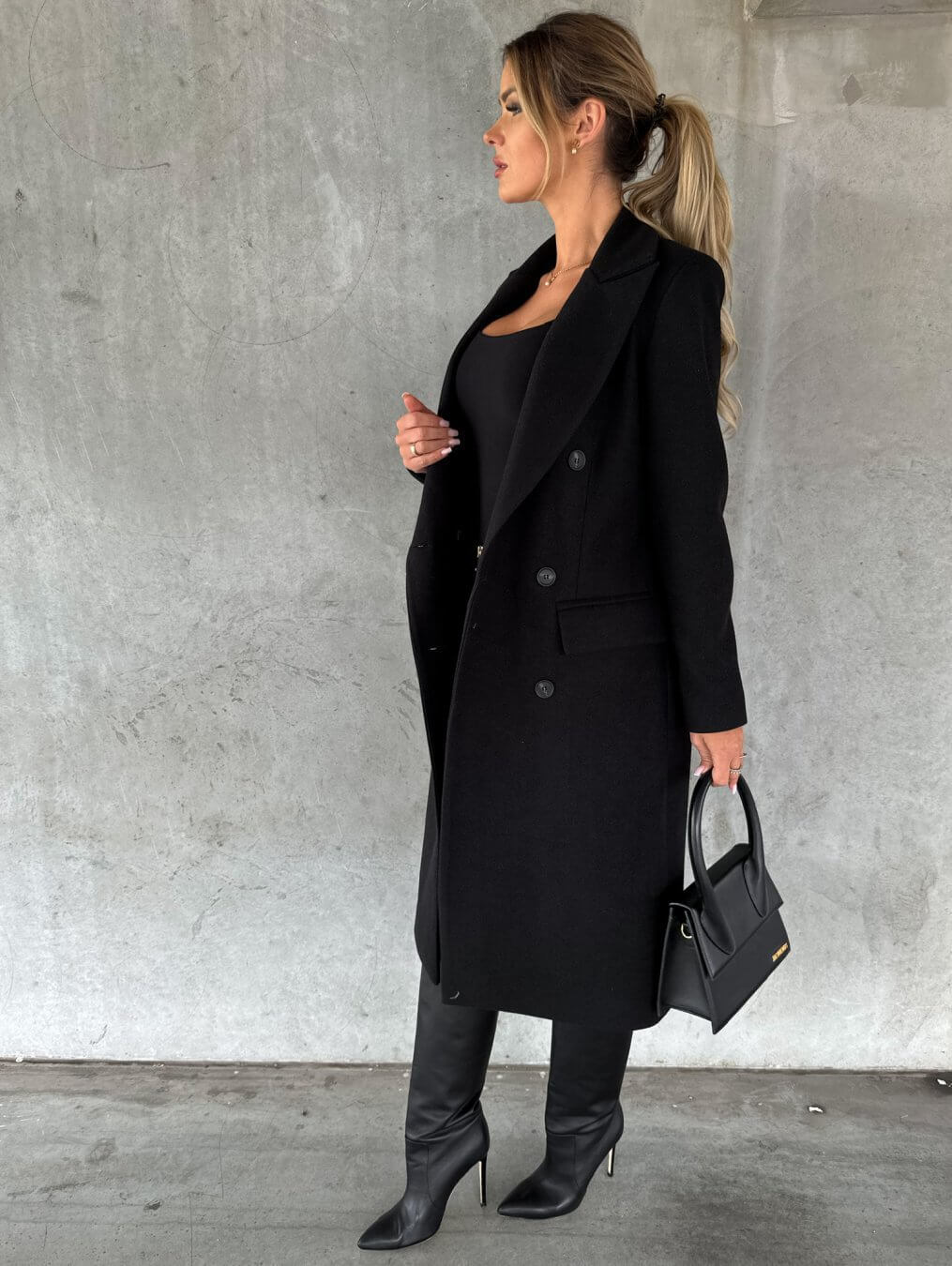 Women's Long Coat - Double Breasted - Tailored Fit - Notched Lapels - Formal Elegant Wear