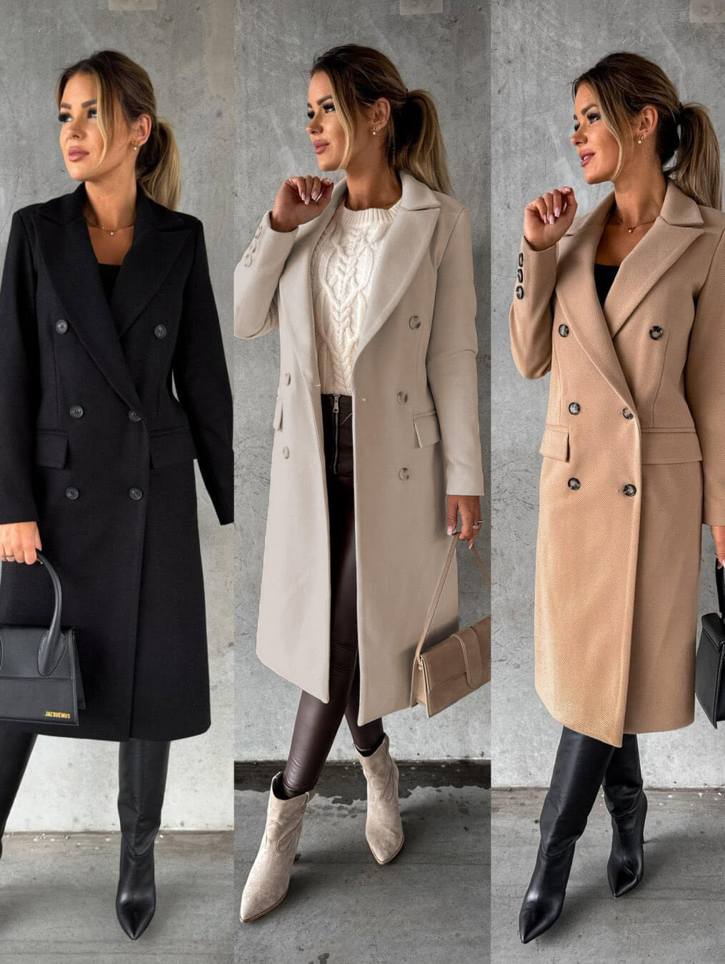 Women's Long Coat - Double Breasted - Tailored Fit - Notched Lapels - Formal Elegant Wear