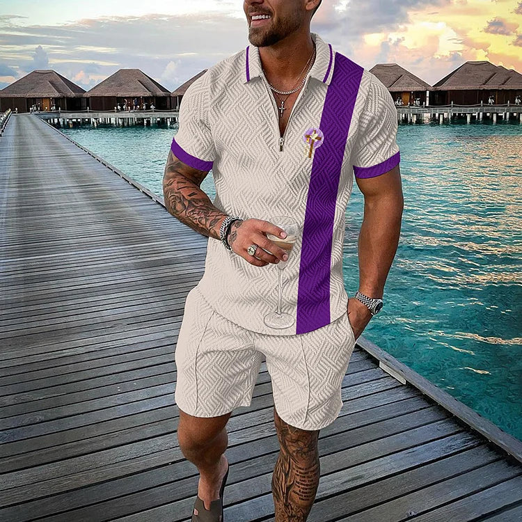 Purple Easter Cross Contrast Color Short Sleeve Polo Shirt And Shorts Co-Ord