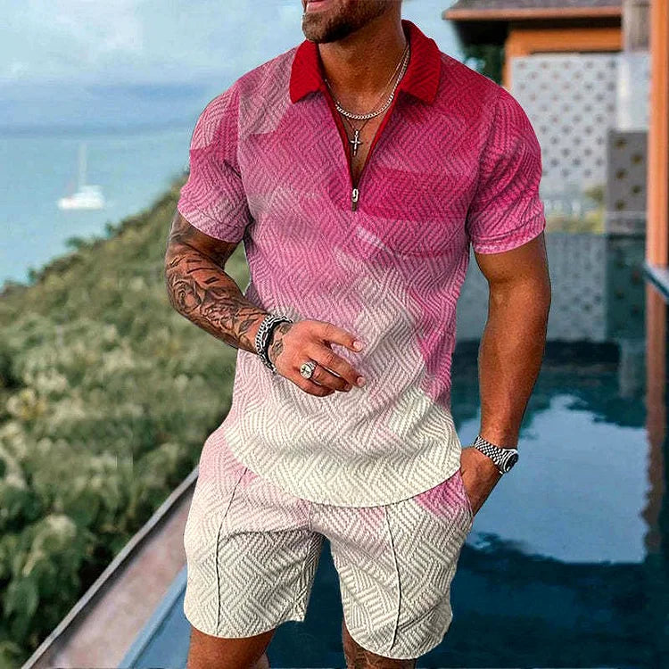 Pink Gradient Polo Shirt And Shorts Co-Ord