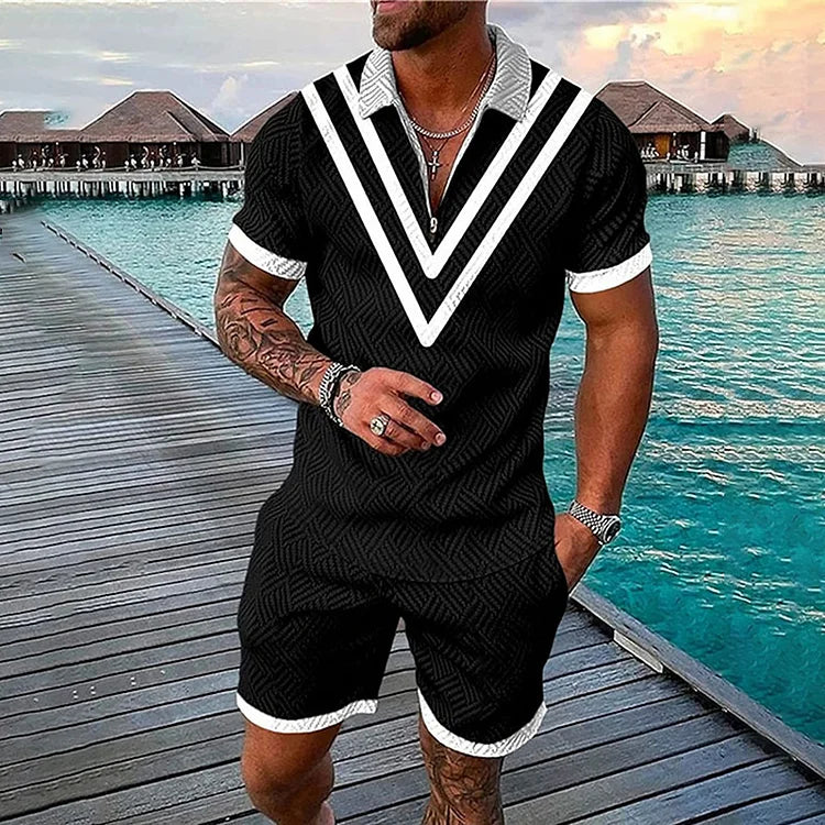 Graphic Linear Geometry Short Sleeve Polo Shirt And Shorts Co-Ord