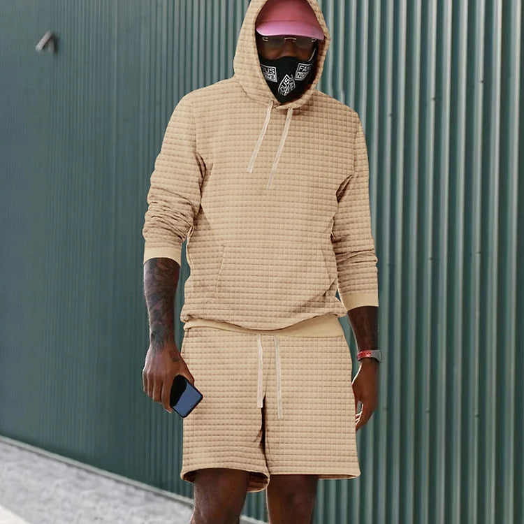 Solid Color Casual Checkered Long Sleeve Hoodie And Shorts Co-Ord