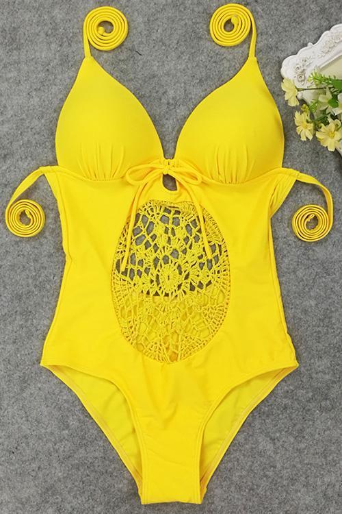 Yellow Halter Deep V Neck Crochet Center Piece Strappy Sexy One Piece Swimsuit