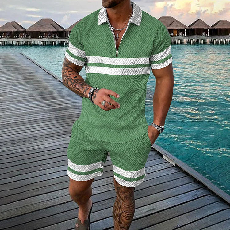 Partial Color Block Pattern Print Short Sleeve Polo Shirt And Shorts Co-Ord