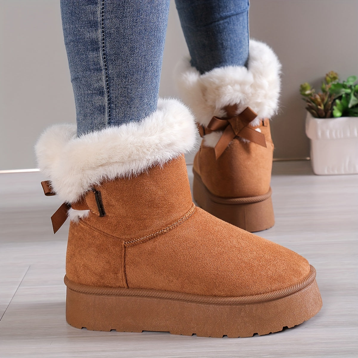 Stylish, thermo-lined plush boots with bow knot