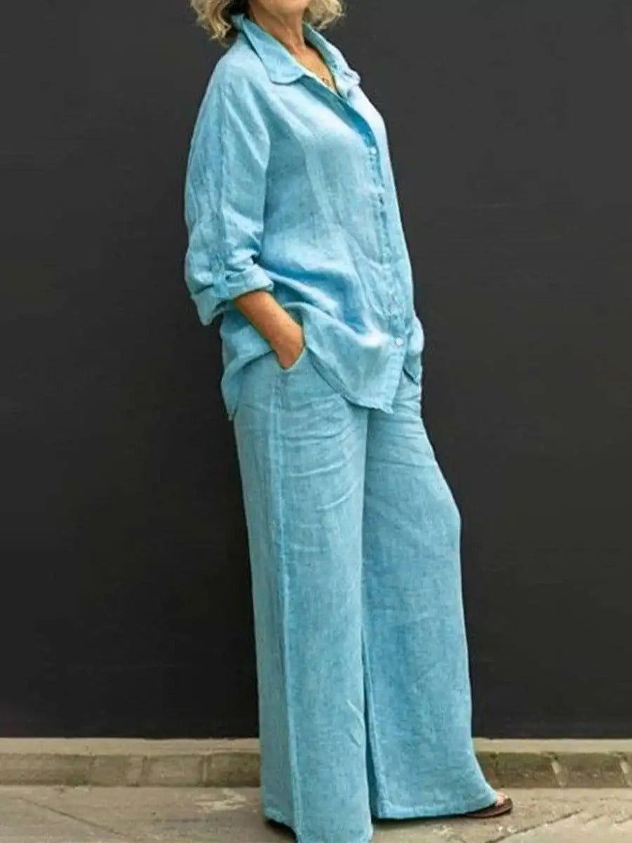 Vintage long sleeve button blouse and loose straight trousers set for women