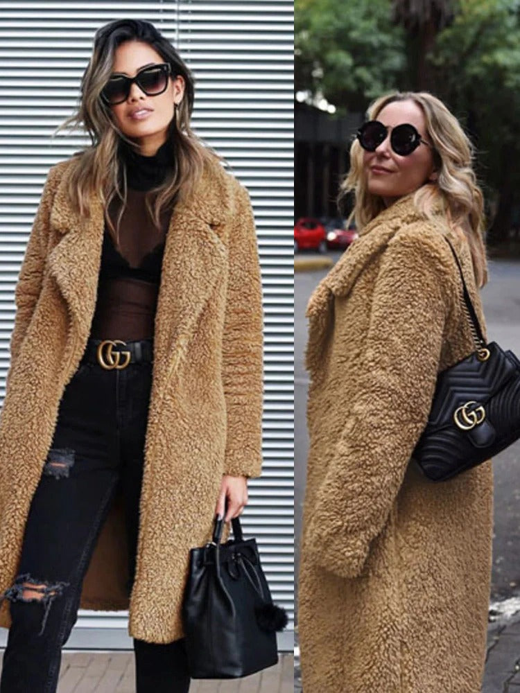 Women's Shearling Coat - Wide Lapel - Open Front - Soft Textured Warm Outerwear