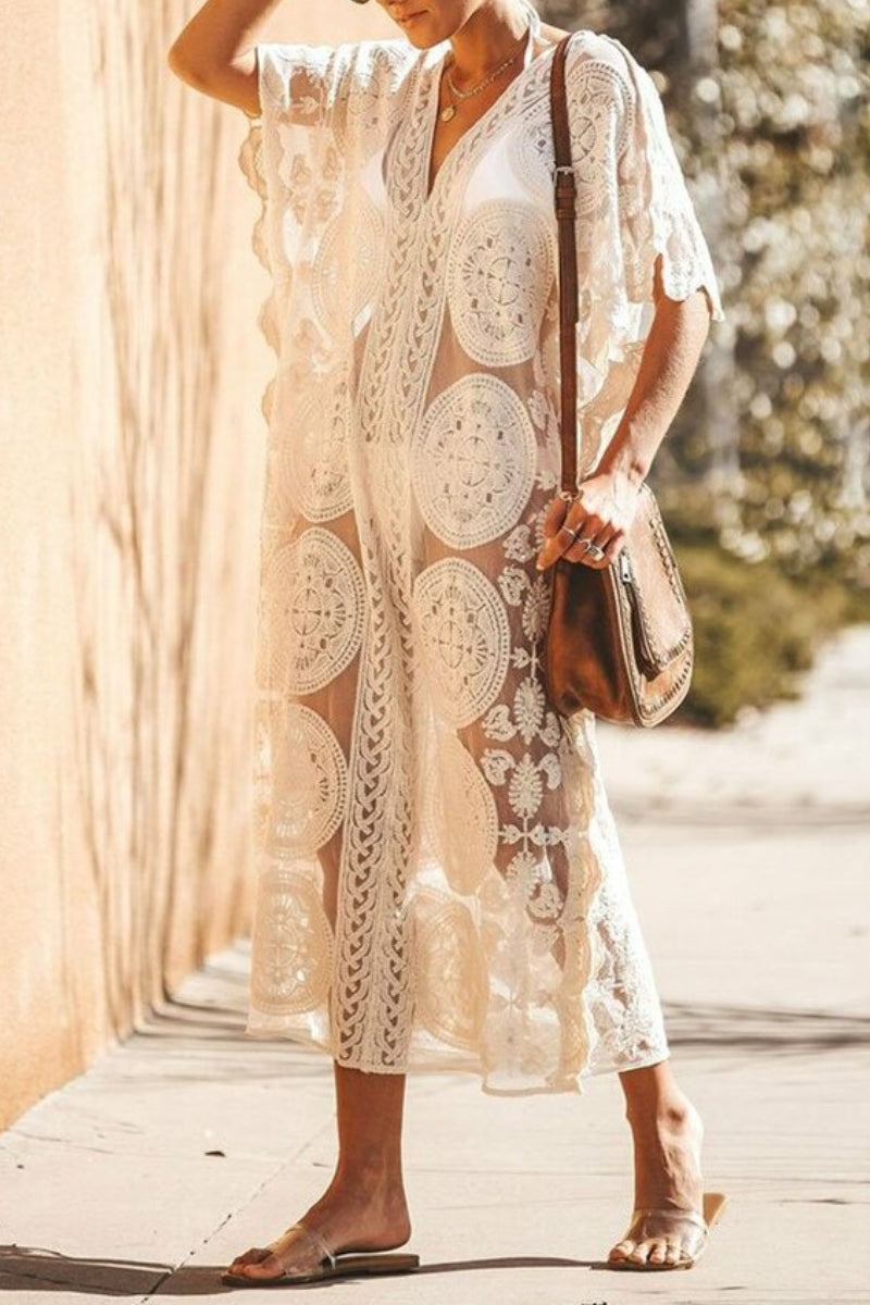 Scalloped Edge Sheer Lace Crochet Maxi Kaftan Boho Cover Up